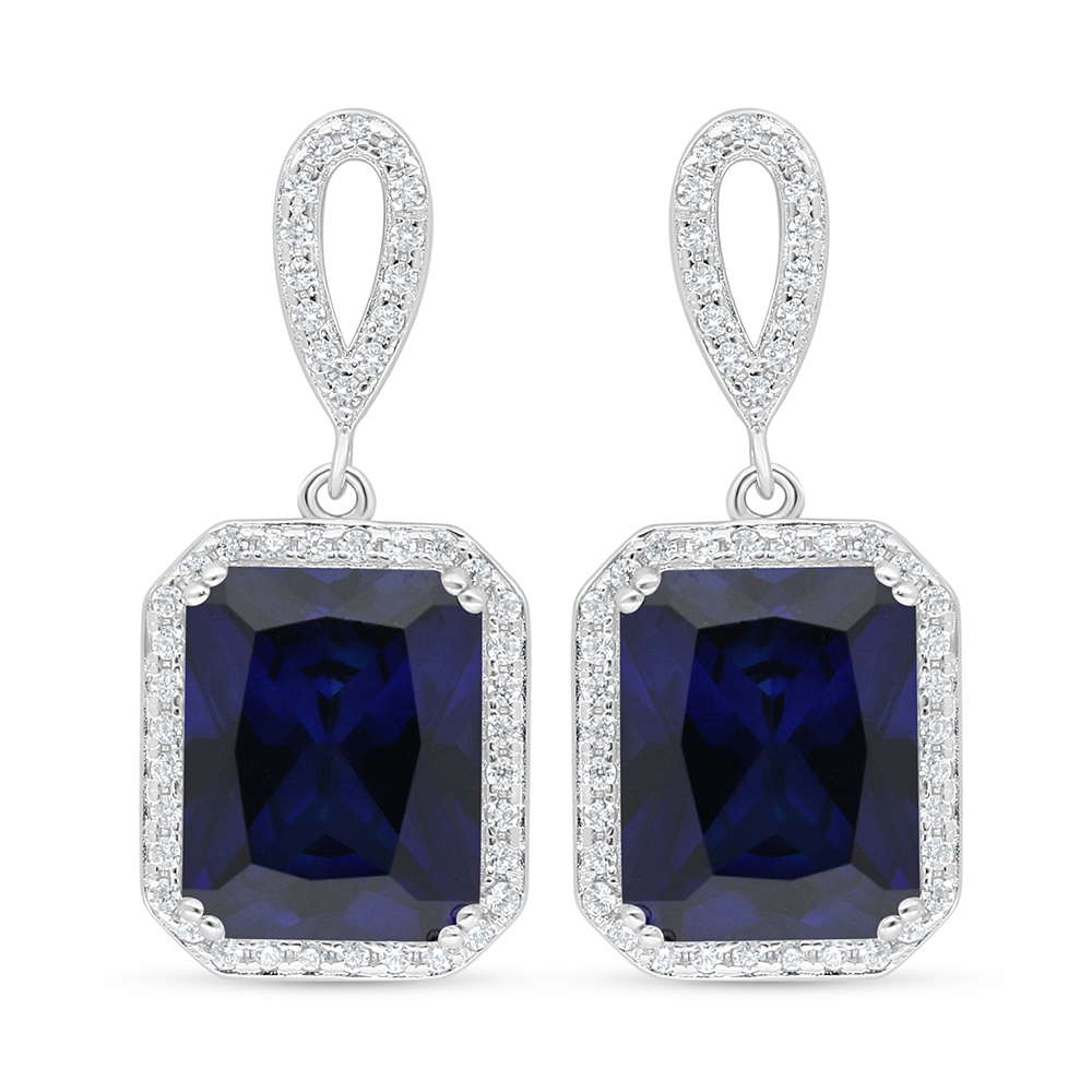 Sterling Silver 925 Earring Rhodium Plated Embedded With Sapphire Corundum And White Zircon