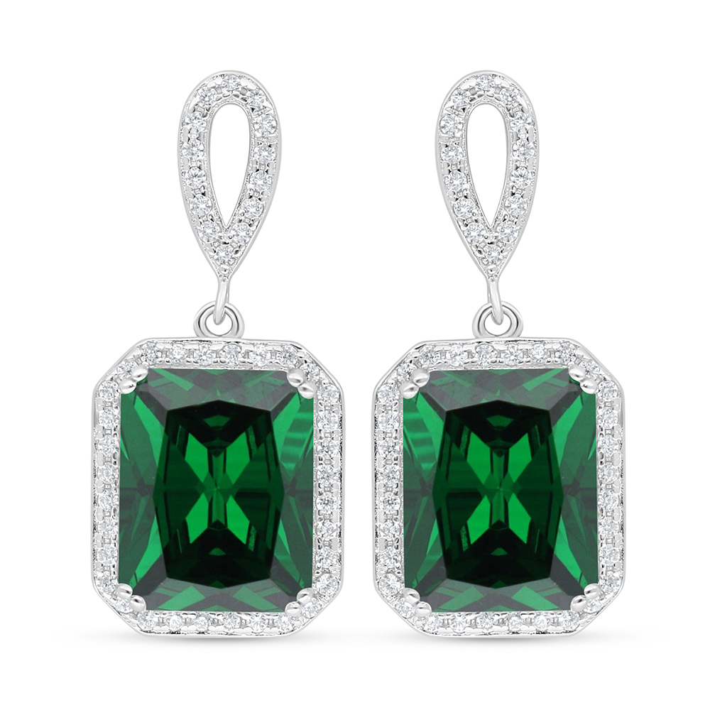 Sterling Silver 925 Earring Rhodium Plated Embedded With Emerald Zircon And White Zircon