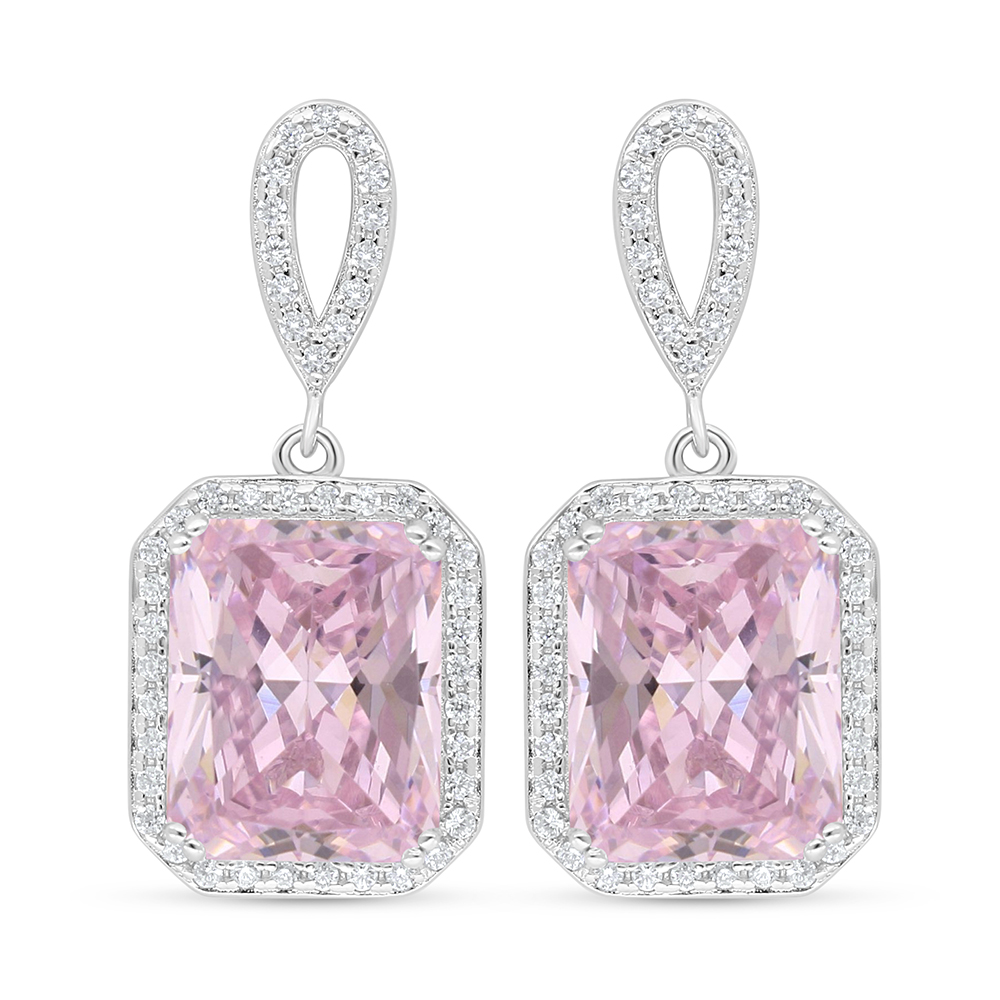 Sterling Silver 925 Earring Rhodium Plated Embedded With Pink Zircon And White Zircon