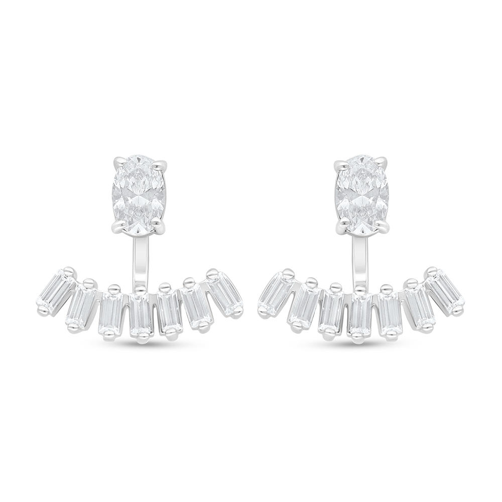 Sterling Silver 925 Earring Rhodium Plated Embedded With White Zircon