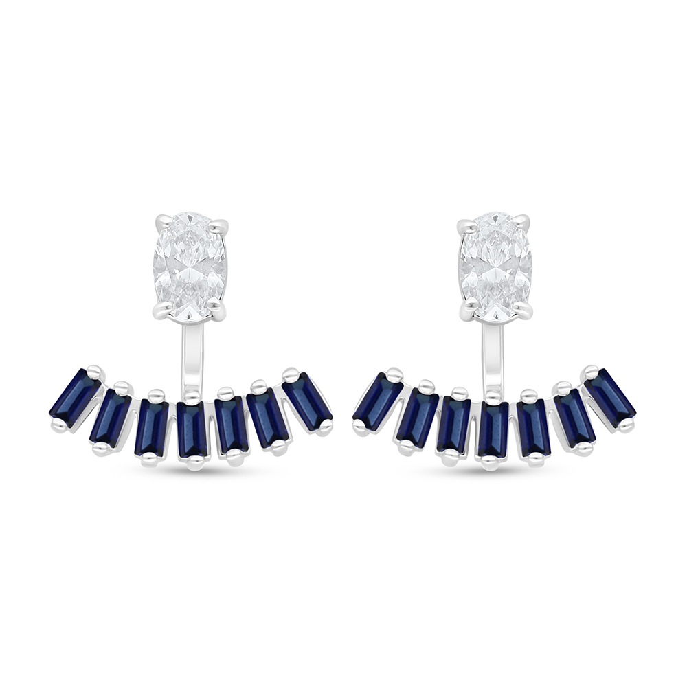 Sterling Silver 925 Earring Rhodium Plated Embedded With Sapphire Corundum And White Zircon