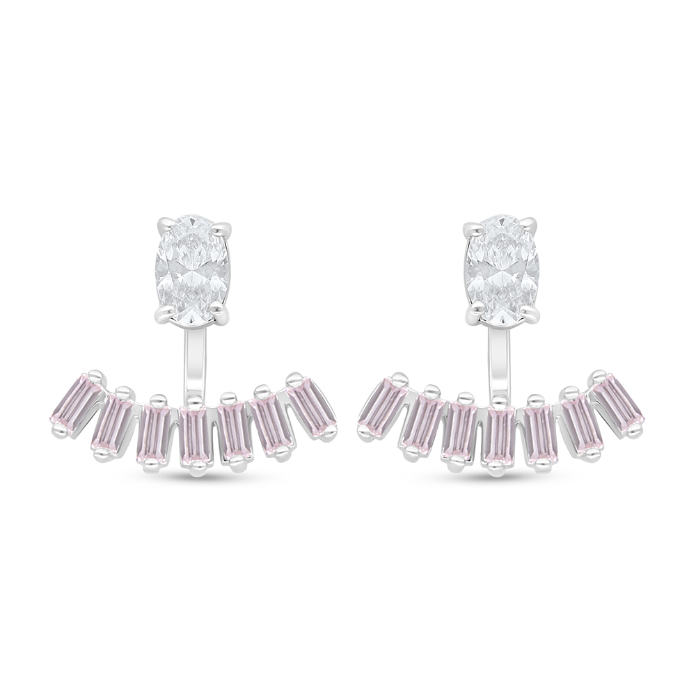 Sterling Silver 925 Earring Rhodium Plated Embedded With Pink Zircon And White Zircon