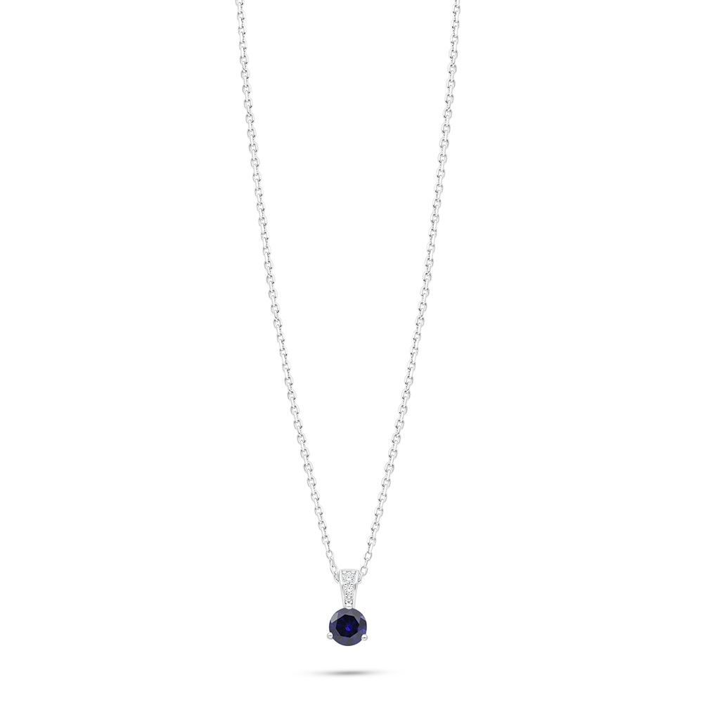 Sterling Silver 925 Necklace Rhodium Plated Embedded With Sapphire Corundum And White Zircon