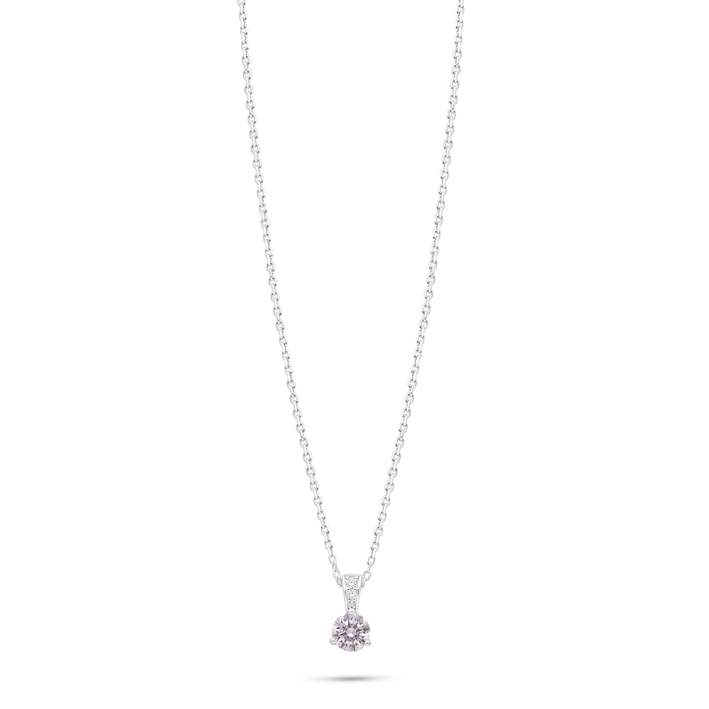 Sterling Silver 925 Necklace Rhodium Plated Embedded With Pink Zircon And White Zircon