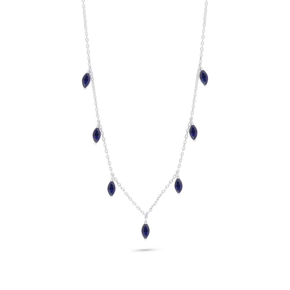 Sterling Silver 925 Necklace Rhodium Plated Embedded With Sapphire Corundum  