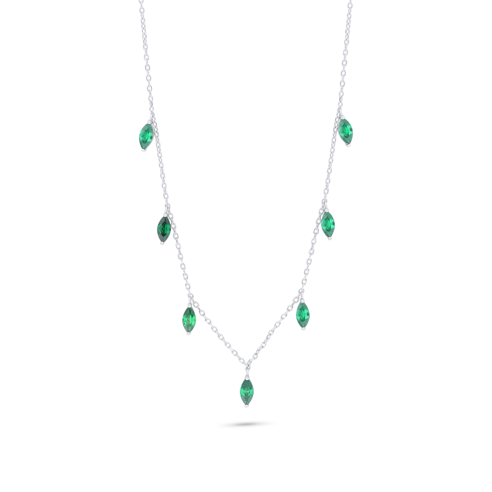 Sterling Silver 925 Necklace Rhodium Plated Embedded With Emerald Zircon   