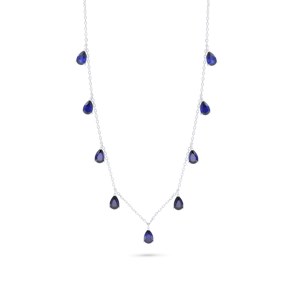 Sterling Silver 925 Necklace Rhodium Plated Embedded With Sapphire Corundum 