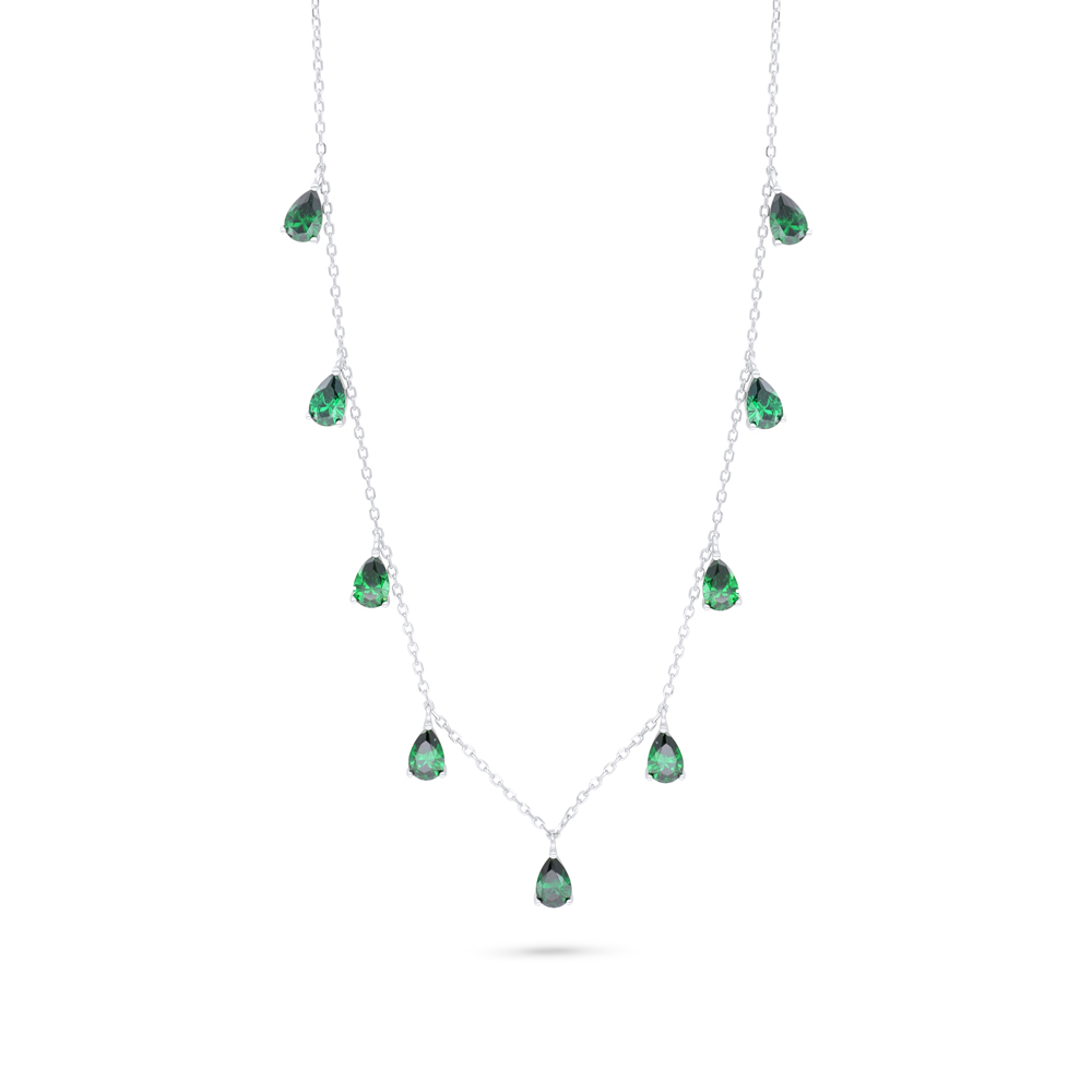 Sterling Silver 925 Necklace Rhodium Plated Embedded With Emerald Zircon 