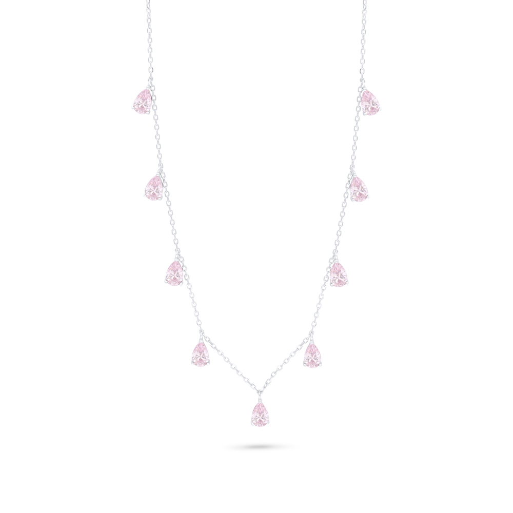 Sterling Silver 925 Necklace Rhodium Plated Embedded With Pink Zircon 