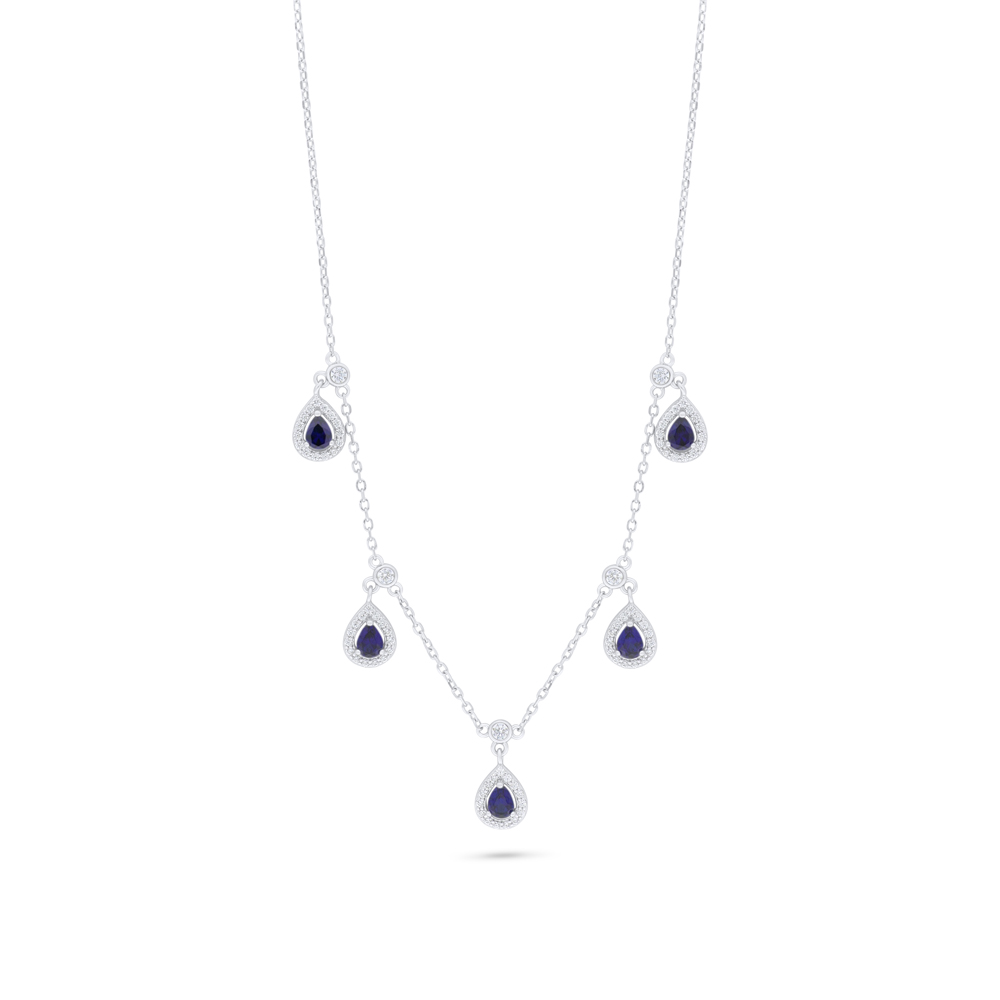 Sterling Silver 925 Necklace Rhodium Plated Embedded With Sapphire Corundum And White Zircon