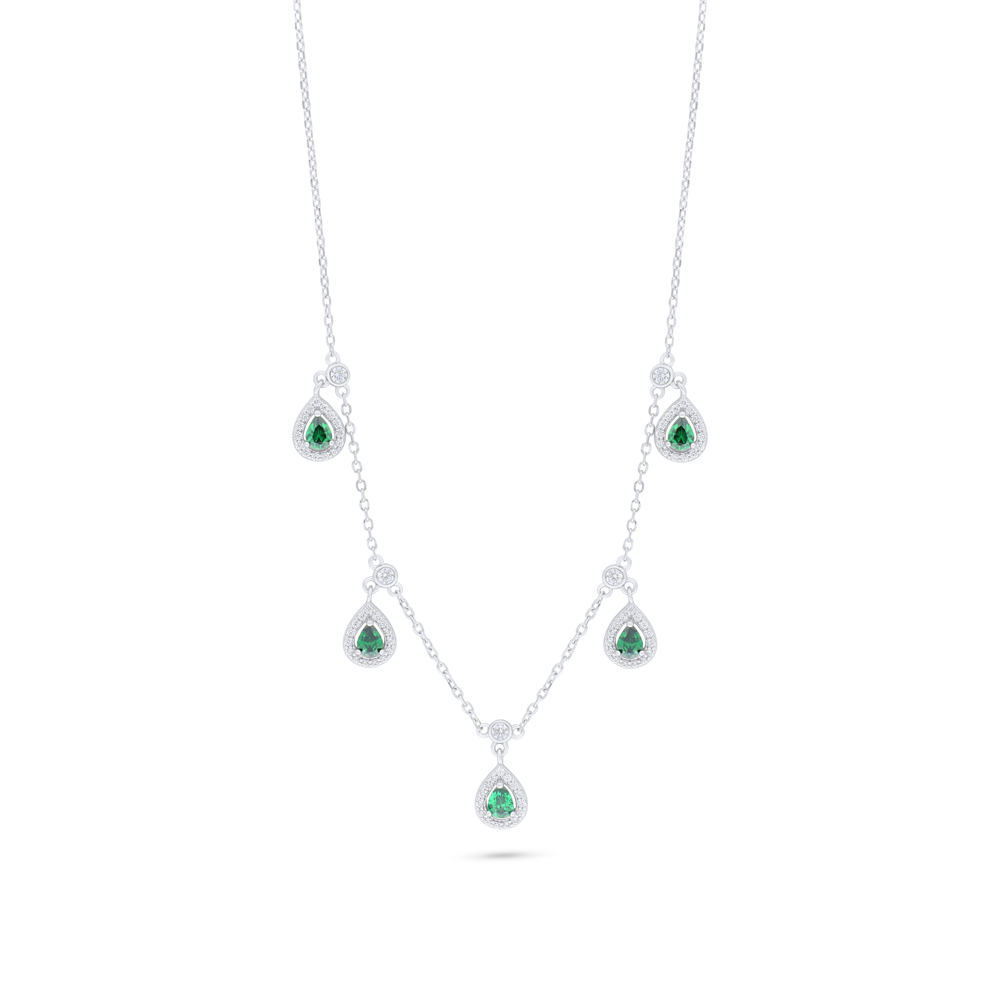 Sterling Silver 925 Necklace Rhodium Plated Embedded With Emerald Zircon And White Zircon