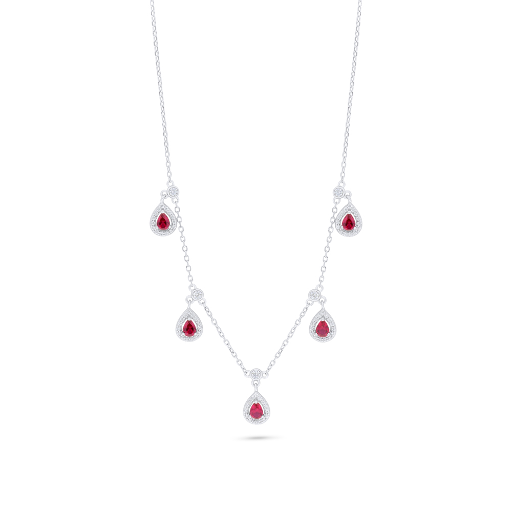 Sterling Silver 925 Necklace Rhodium Plated Embedded With Ruby Corundum And White Zircon