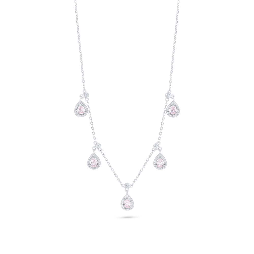 Sterling Silver 925 Necklace Rhodium Plated Embedded With Pink Zircon And White Zircon