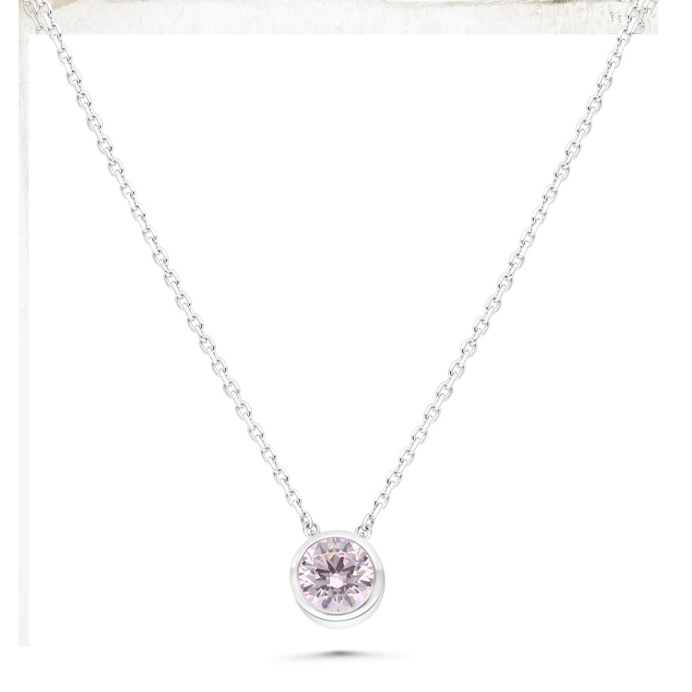 Sterling Silver 925 Necklace Rhodium Plated Embedded With Pink Zircon 