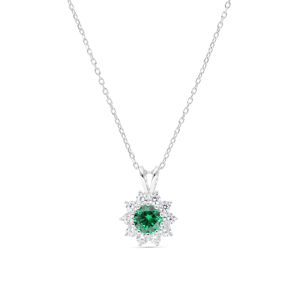 Sterling Silver 925 Necklace Rhodium Plated Embedded With Emerald Zircon And White Zircon