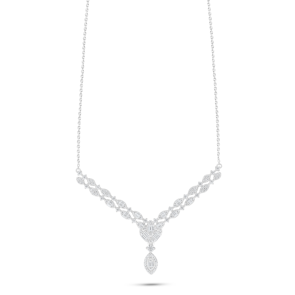 Sterling Silver 925 Necklace Rhodium Plated Embedded With White Zircon