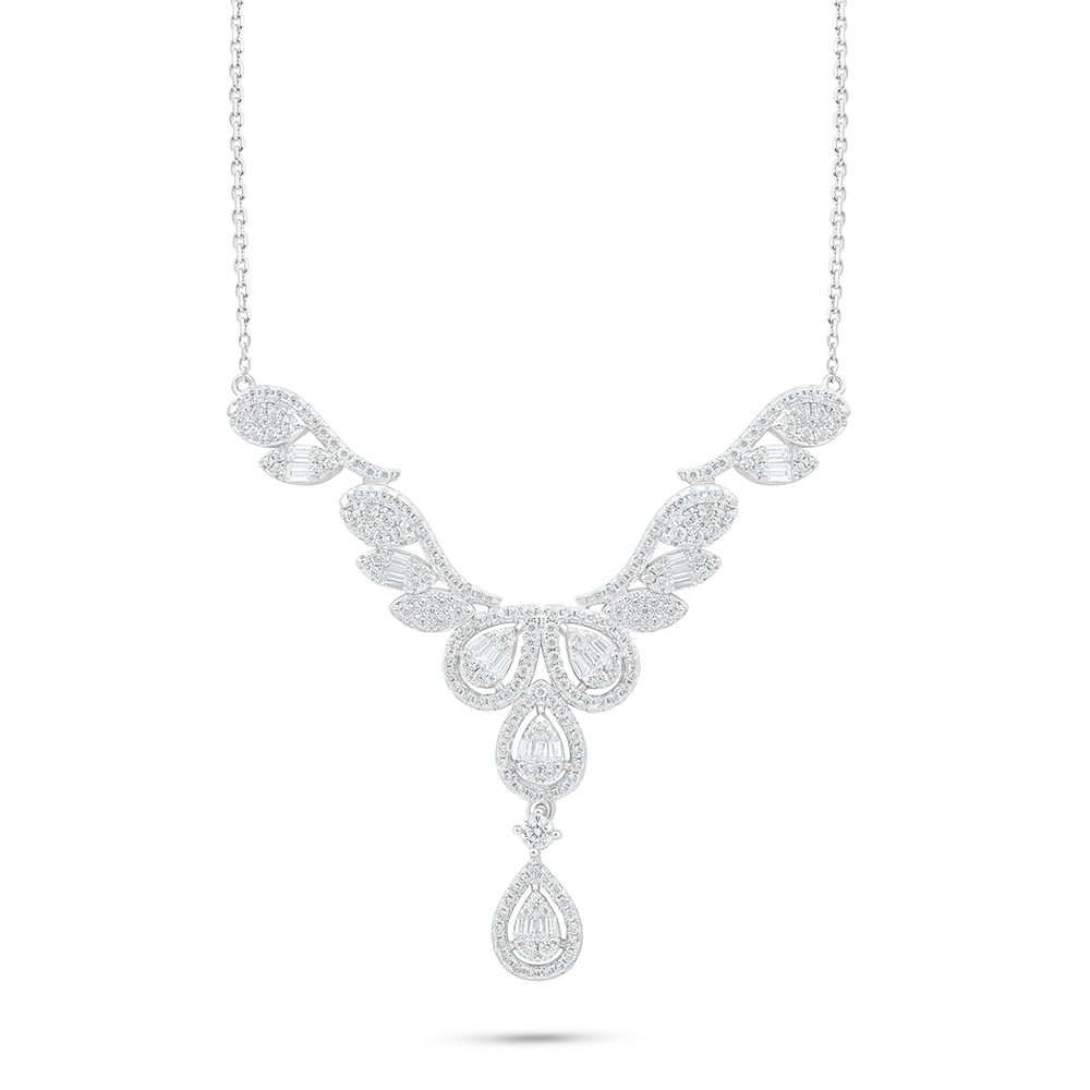 Sterling Silver 925 Necklace Rhodium Plated Embedded With White Zircon