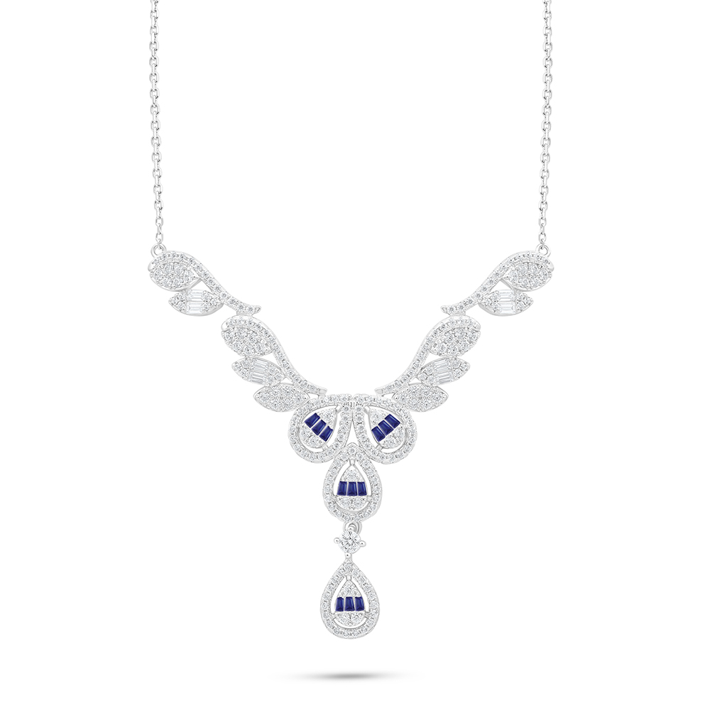 Sterling Silver 925 Necklace Rhodium Plated Embedded With Sapphire Corundum And White Zircon