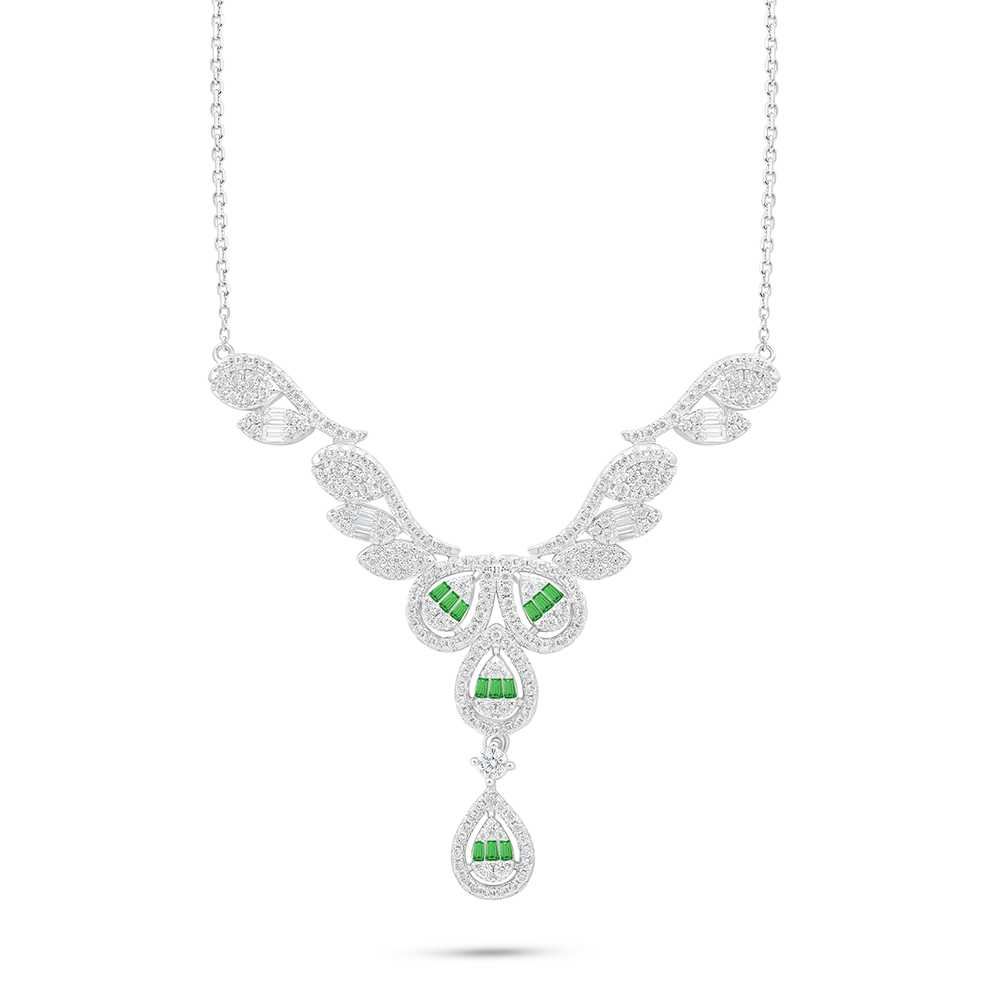 Sterling Silver 925 Necklace Rhodium Plated Embedded With Emerald Zircon And White Zircon