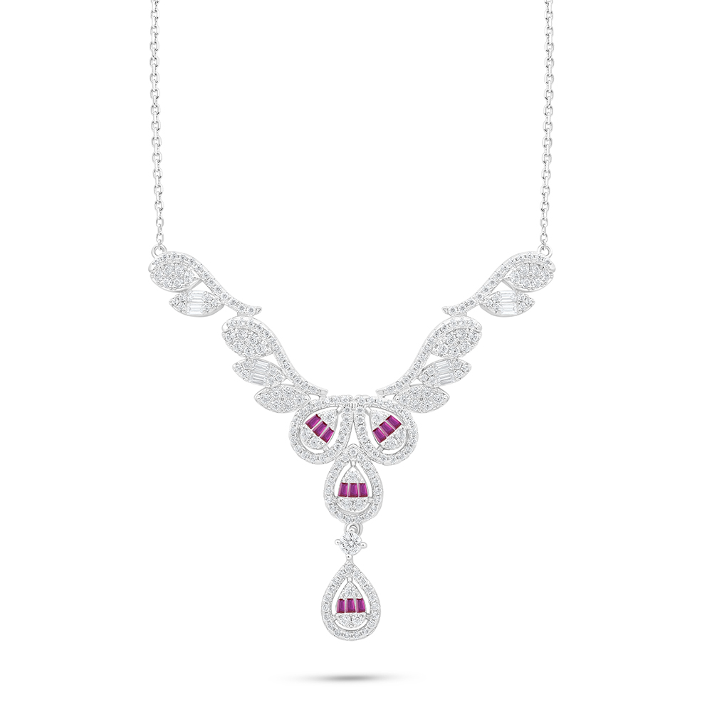 Sterling Silver 925 Necklace Rhodium Plated Embedded With Ruby Corundum And White Zircon