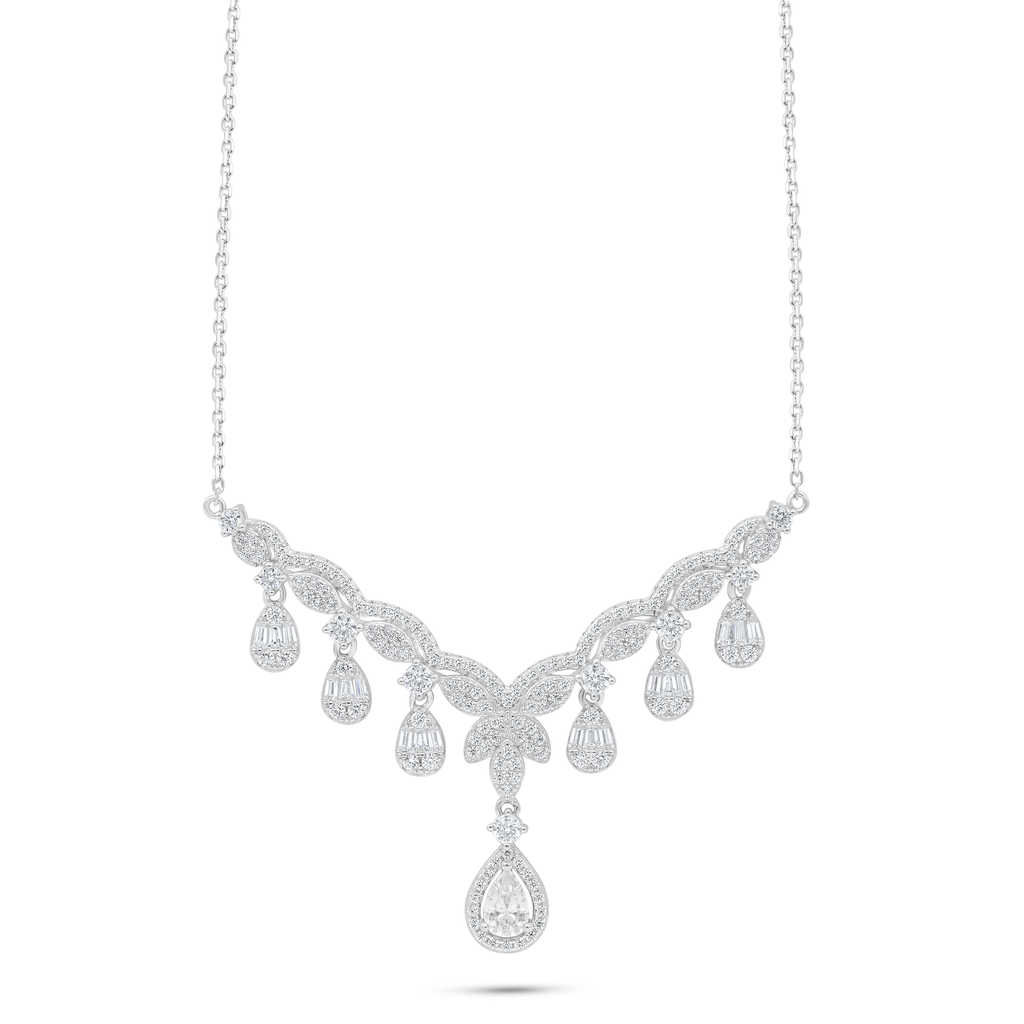 Sterling Silver 925 Necklace Rhodium Plated Embedded With White Zircon