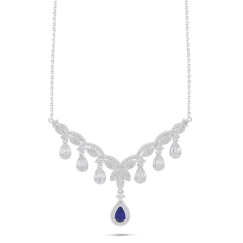 Sterling Silver 925 Necklace Rhodium Plated Embedded With Sapphire Corundum And White Zircon