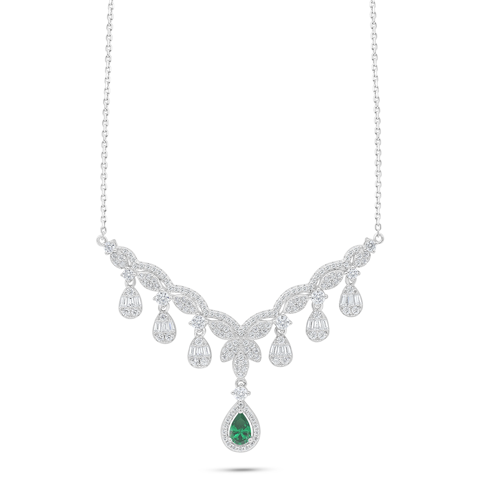 Sterling Silver 925 Necklace Rhodium Plated Embedded With Emerald Zircon And White Zircon