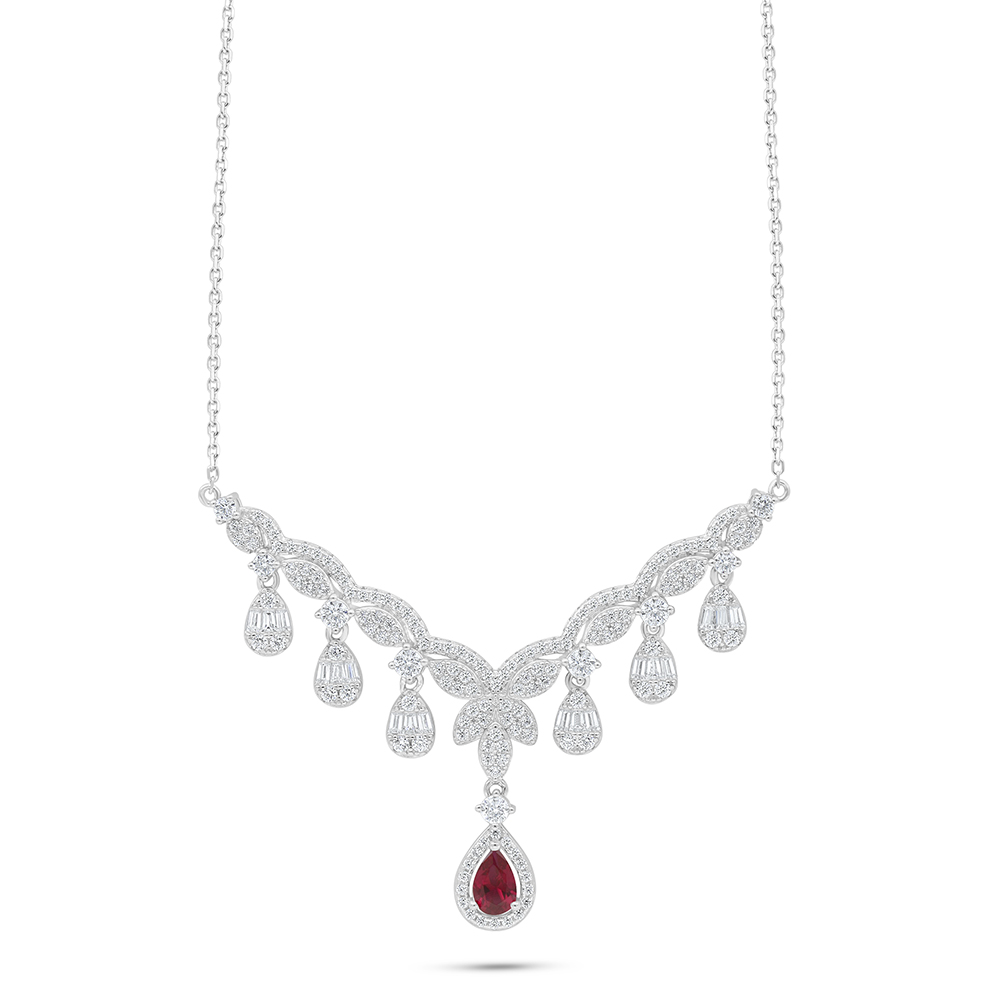 Sterling Silver 925 Necklace Rhodium Plated Embedded With Ruby Corundum And White Zircon