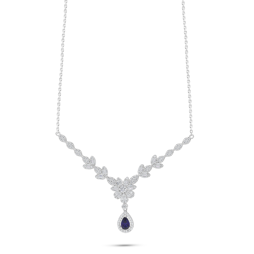 Sterling Silver 925 Necklace Rhodium Plated Embedded With Sapphire Corundum And White Zircon