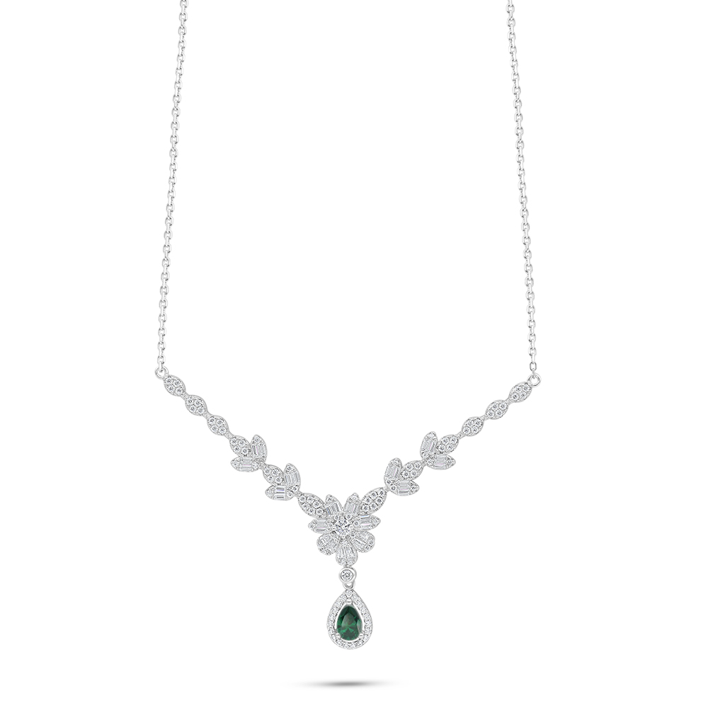 Sterling Silver 925 Necklace Rhodium Plated Embedded With Emerald Zircon And White Zircon