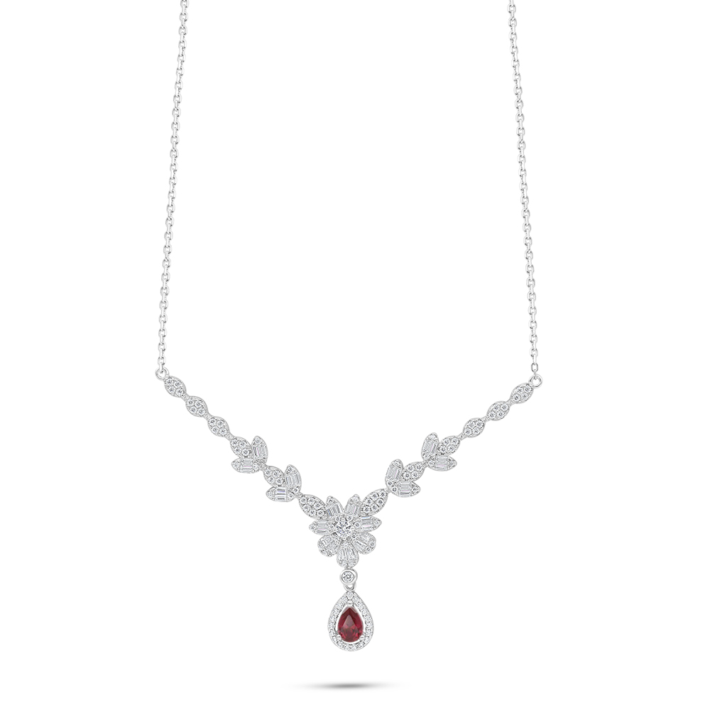 Sterling Silver 925 Necklace Rhodium Plated Embedded With Ruby Corundum And White Zircon