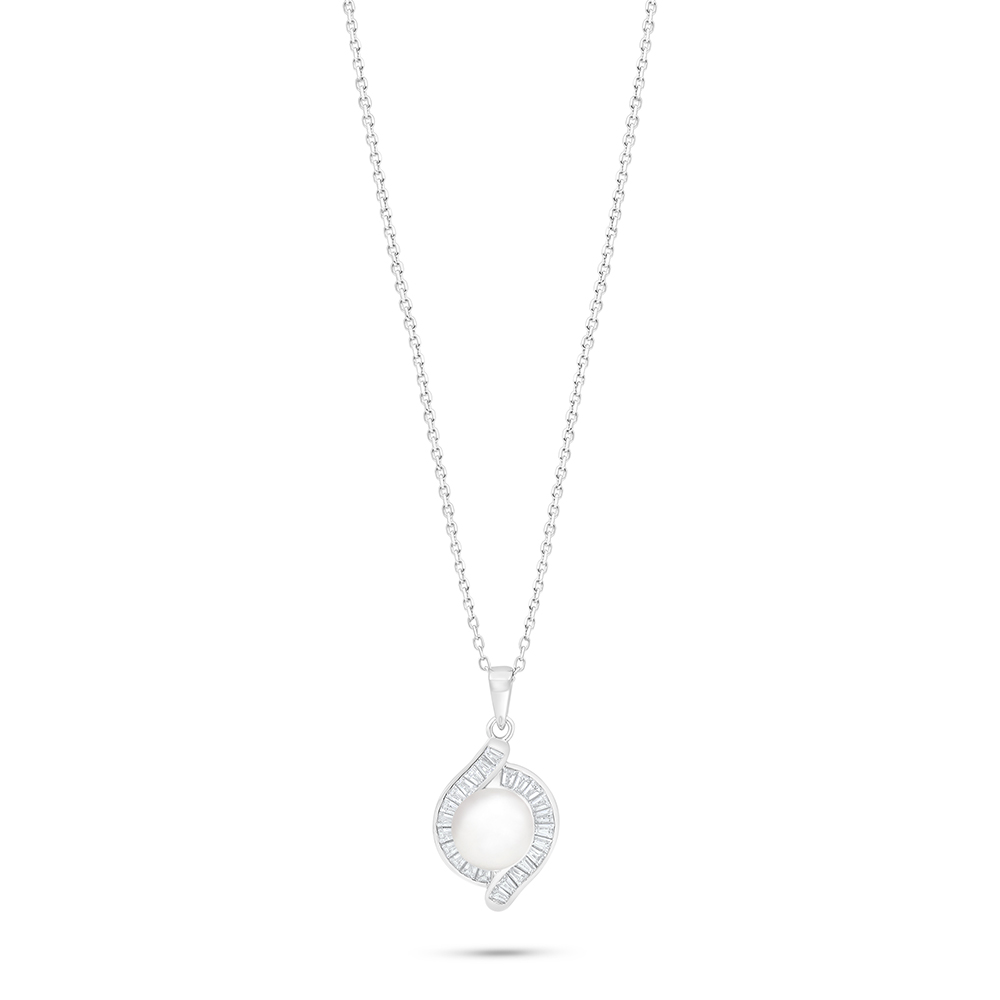 Sterling Silver 925 Necklace Rhodium Plated Embedded With Natural White Pearl And White Zircon 