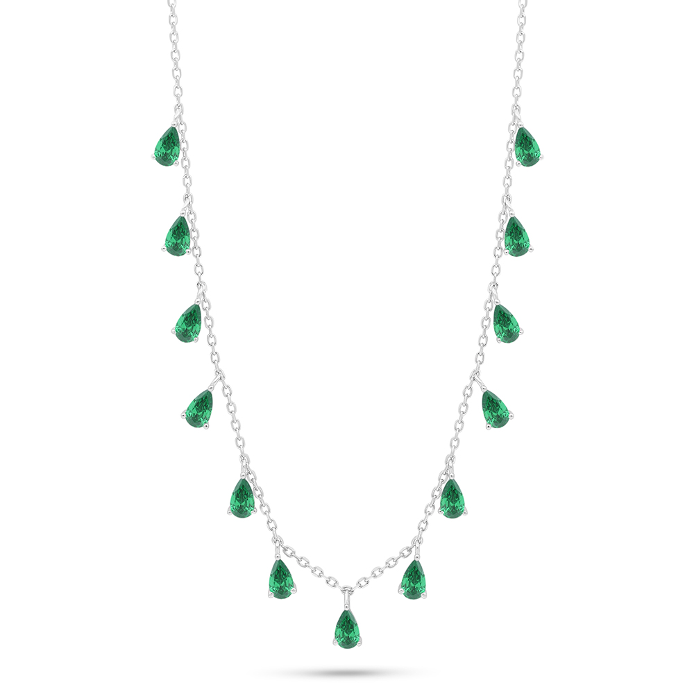 Sterling Silver 925 Necklace Rhodium Plated Embedded With Emerald Zircon 