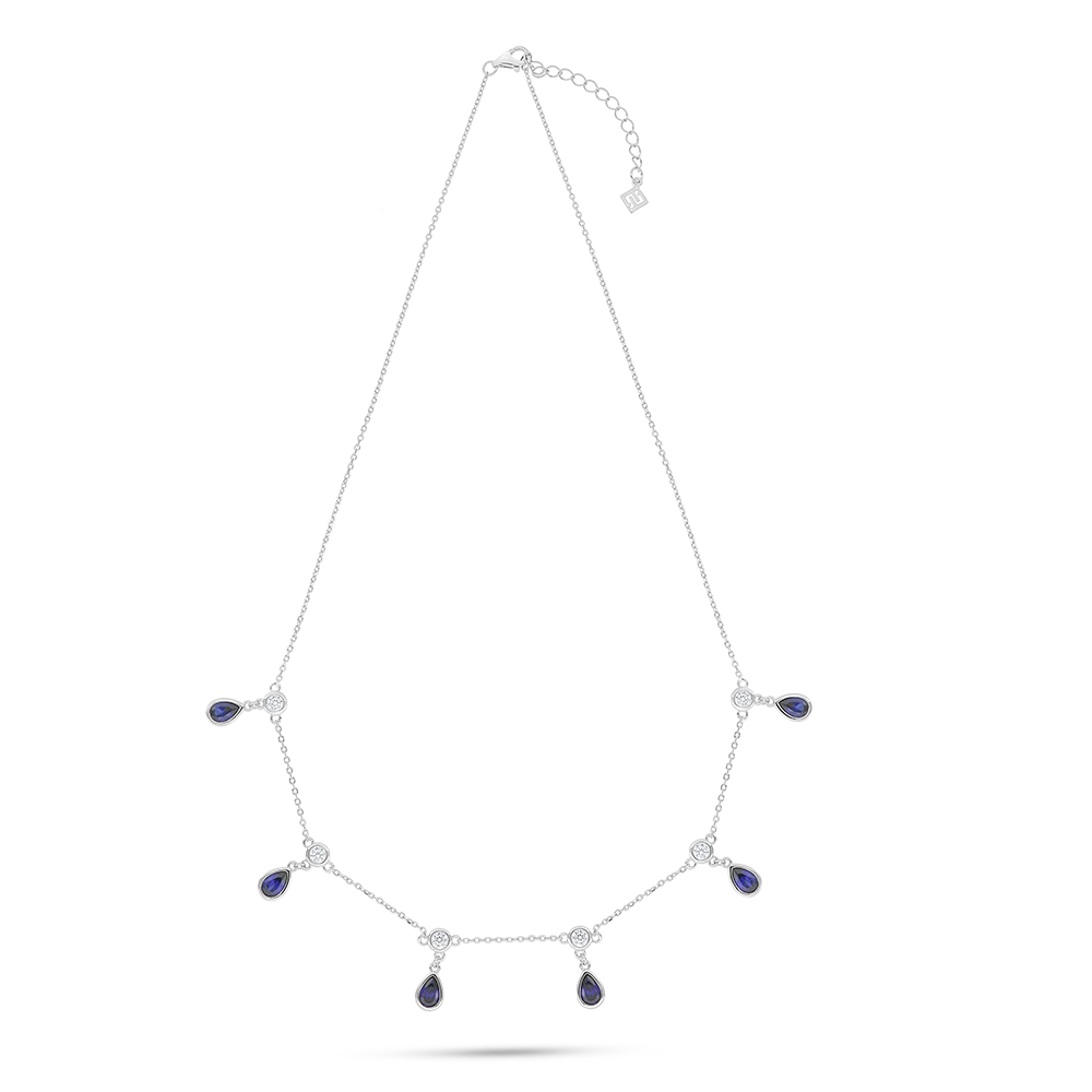 Sterling Silver 925 Necklace Rhodium Plated Embedded With Sapphire Corundum And White Zircon