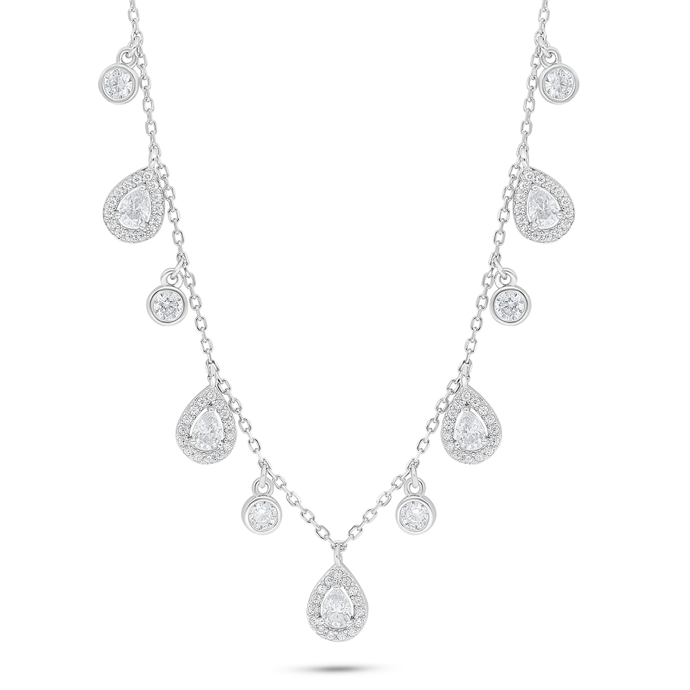 Sterling Silver 925 Necklace Rhodium Plated Embedded With White Zircon