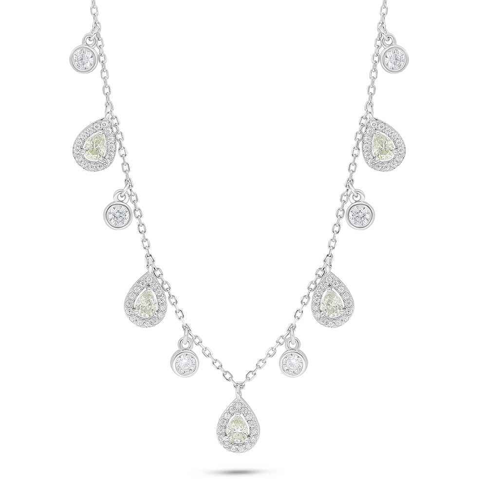 Sterling Silver 925 Necklace Rhodium Plated Embedded With Yellow Diamond And White Zircon