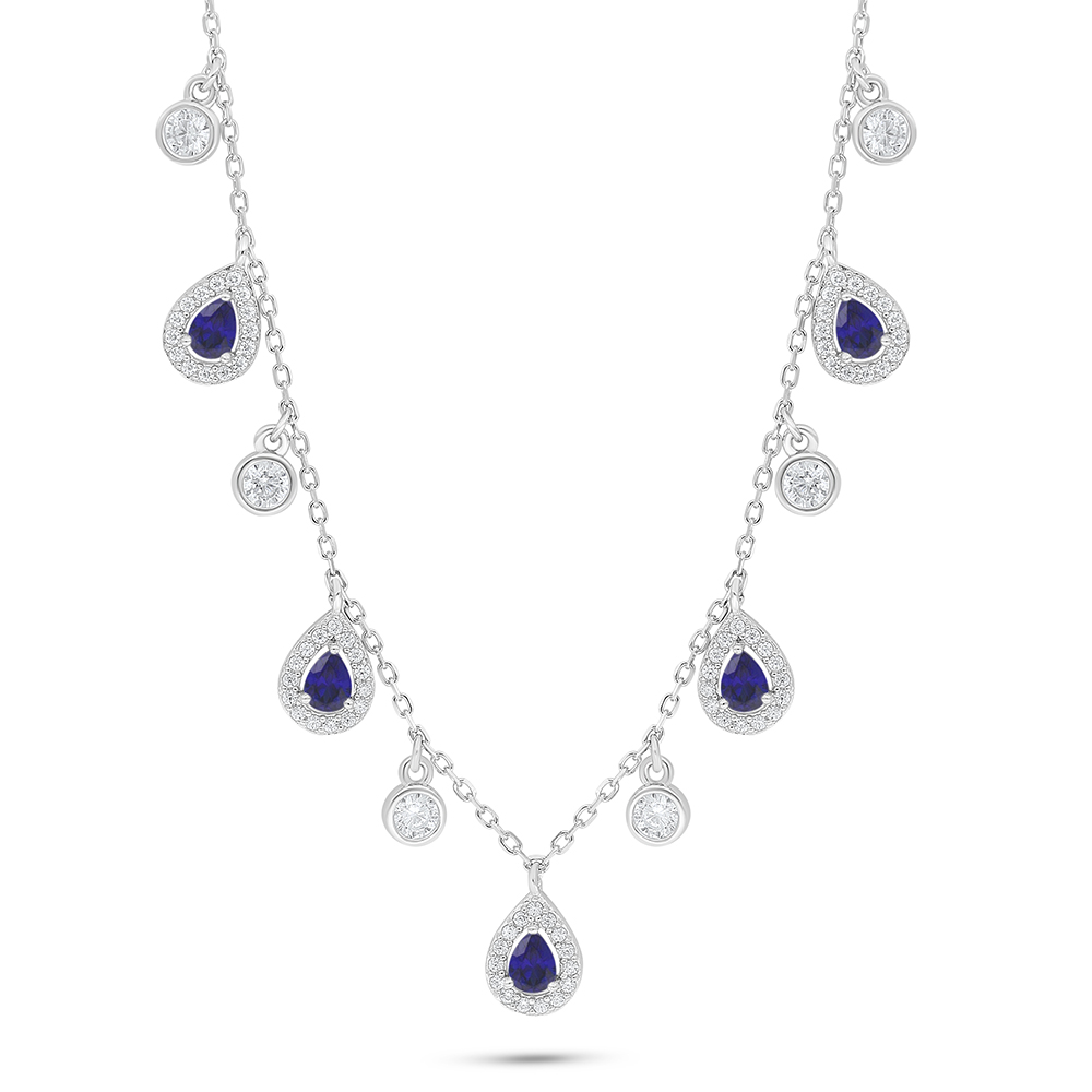 Sterling Silver 925 Necklace Rhodium Plated Embedded With Sapphire Corundum And White Zircon