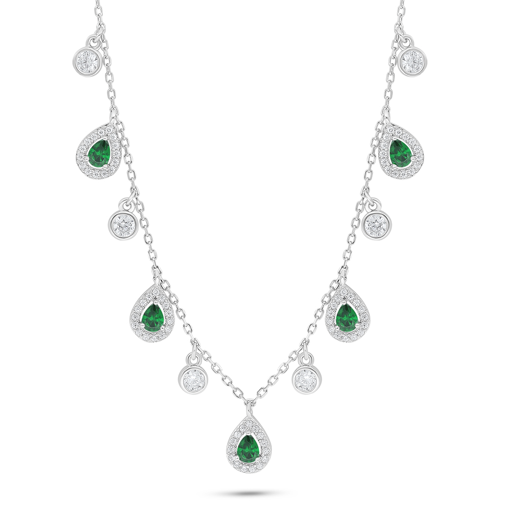 Sterling Silver 925 Necklace Rhodium Plated Embedded With Emerald Zircon And White Zircon