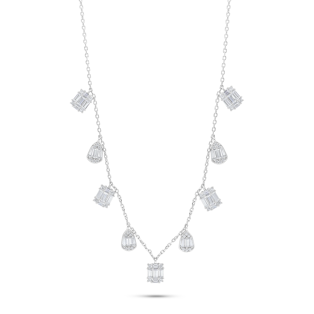 Sterling Silver 925 Necklace Rhodium Plated Embedded With White Zircon