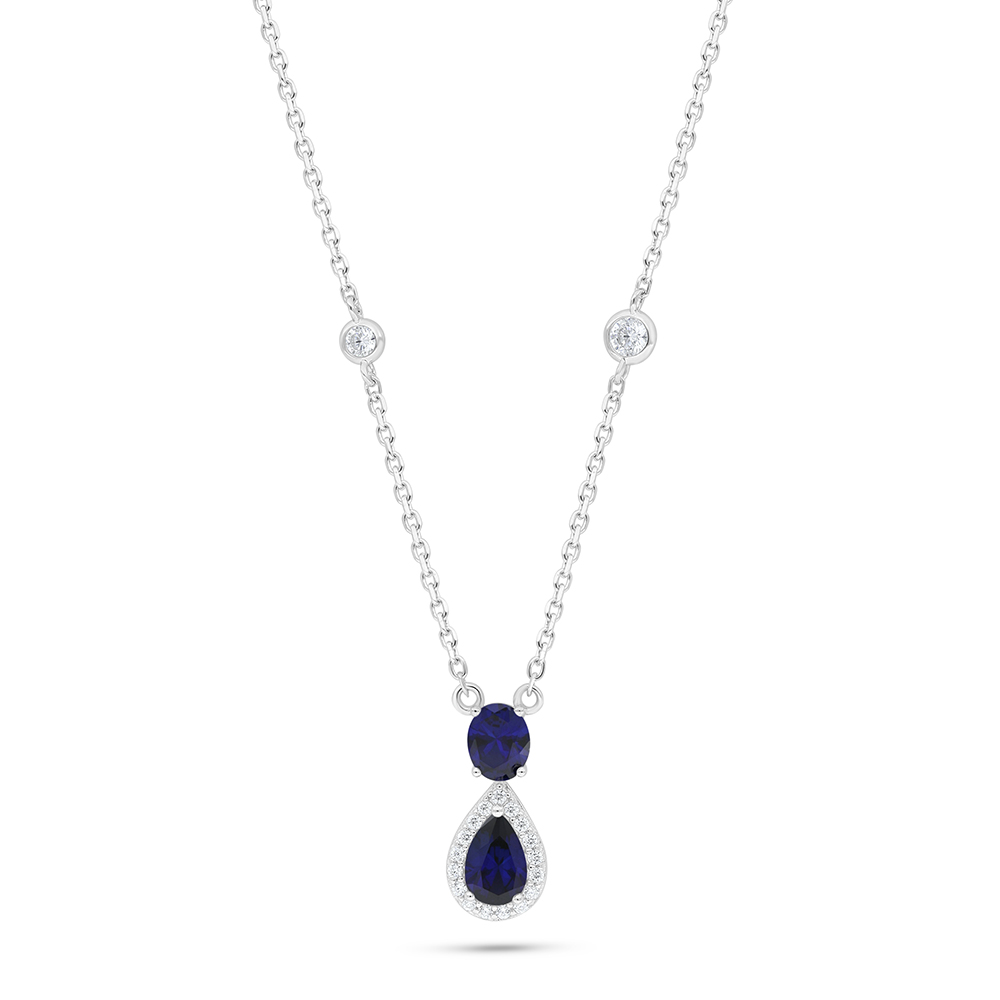 Sterling Silver 925 Necklace Rhodium Plated Embedded With Sapphire Corundum And White Zircon