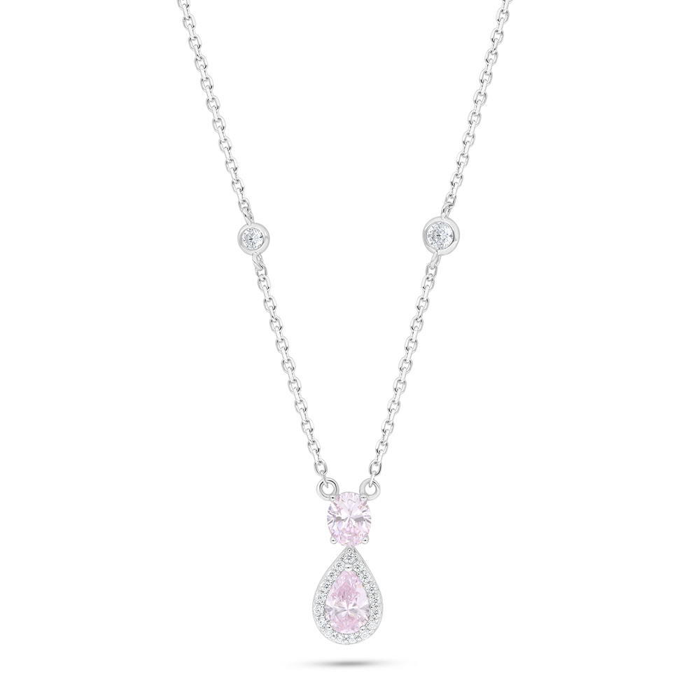 Sterling Silver 925 Necklace Rhodium Plated Embedded With Pink Zircon And White Zircon