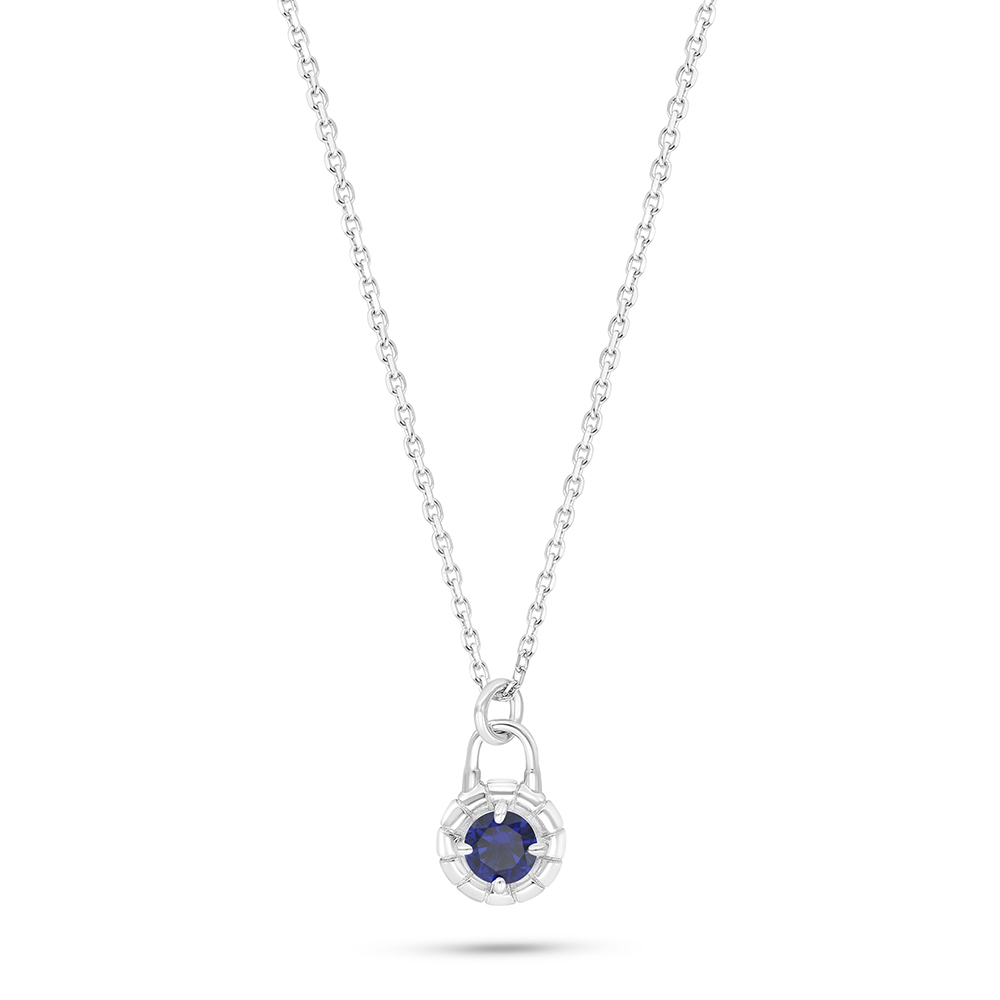 Sterling Silver 925 Necklace Rhodium Plated Embedded With Sapphire Corundum 