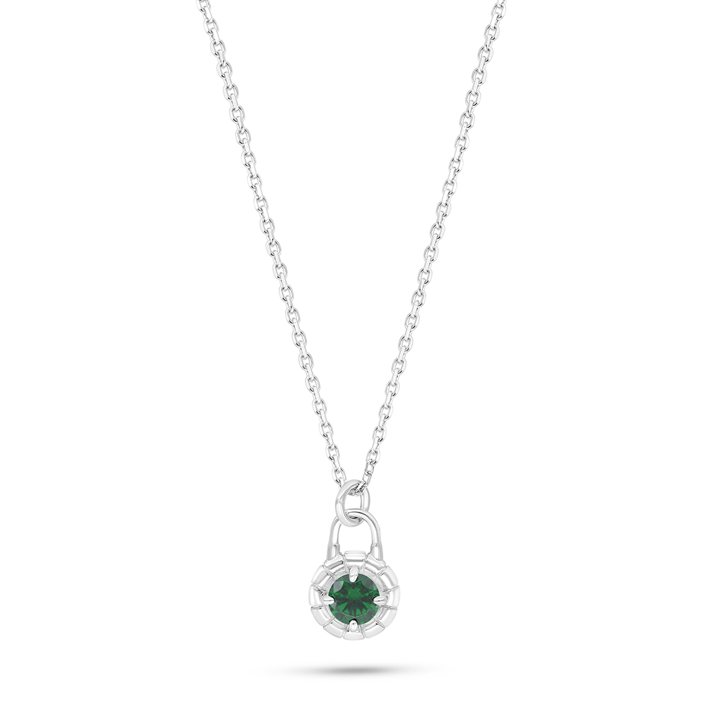 Sterling Silver 925 Necklace Rhodium Plated Embedded With Emerald Zircon 