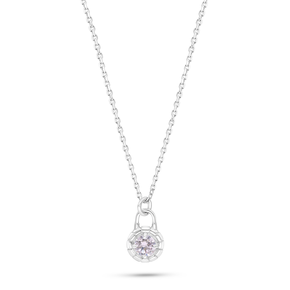 Sterling Silver 925 Necklace Rhodium Plated Embedded With Pink Zircon 