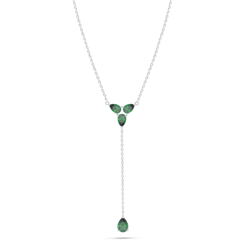 Sterling Silver 925 Necklace Rhodium Plated Embedded With Emerald Zircon 