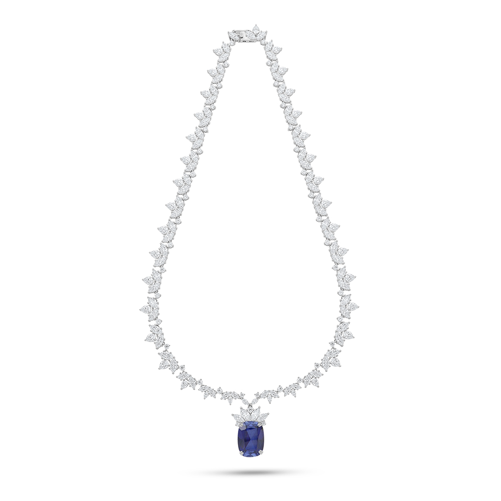 Sterling Silver 925 Necklace Rhodium Plated Embedded With Sapphire Corundum And White Zircon