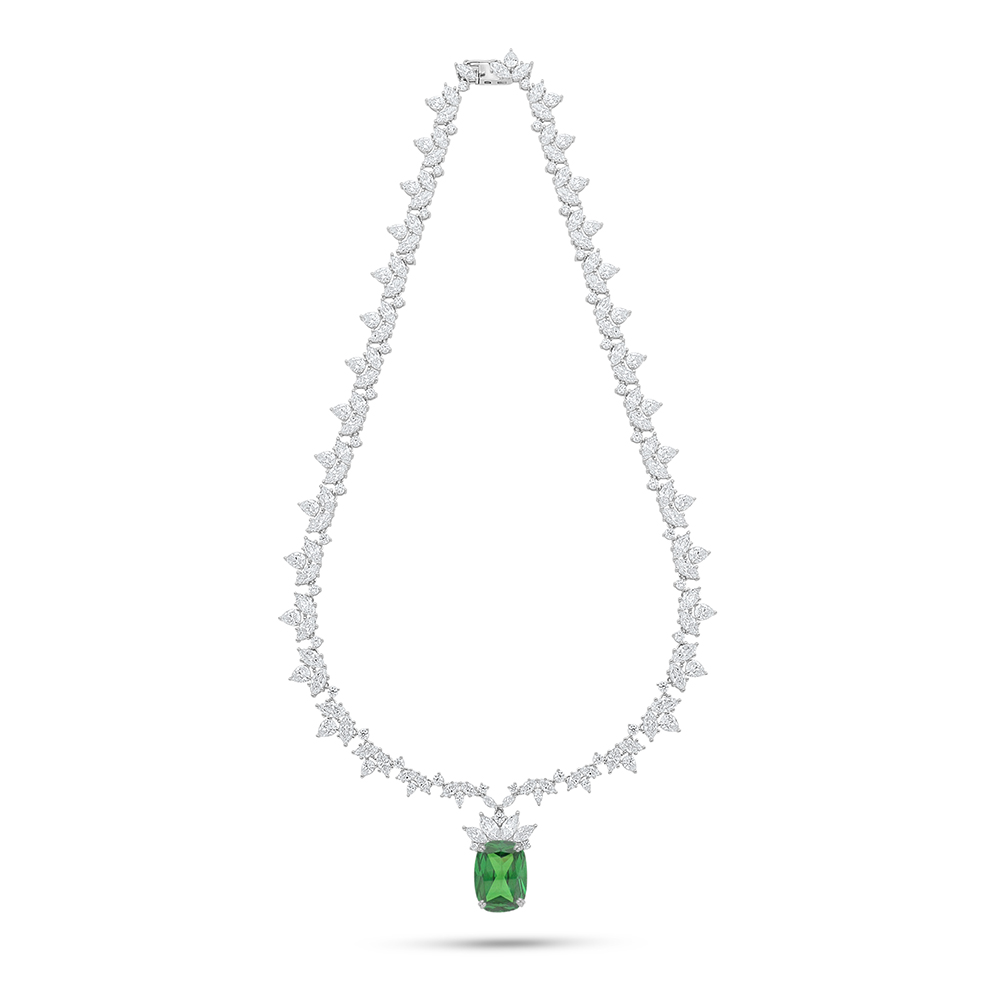 Sterling Silver 925 Necklace Rhodium Plated Embedded With Emerald Zircon And White Zircon