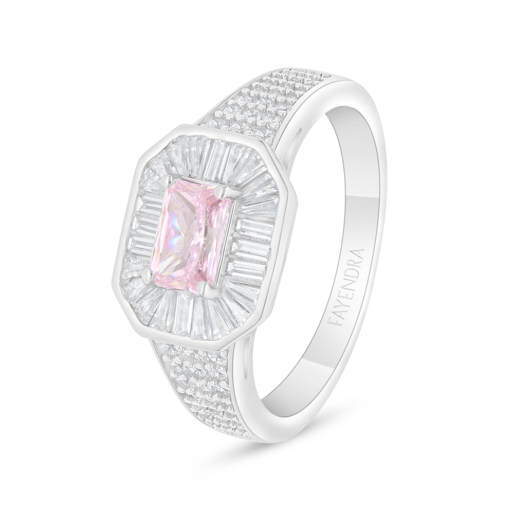 Sterling Silver 925 Ring Rhodium Plated Embedded With Pink Zircon And White Zircon