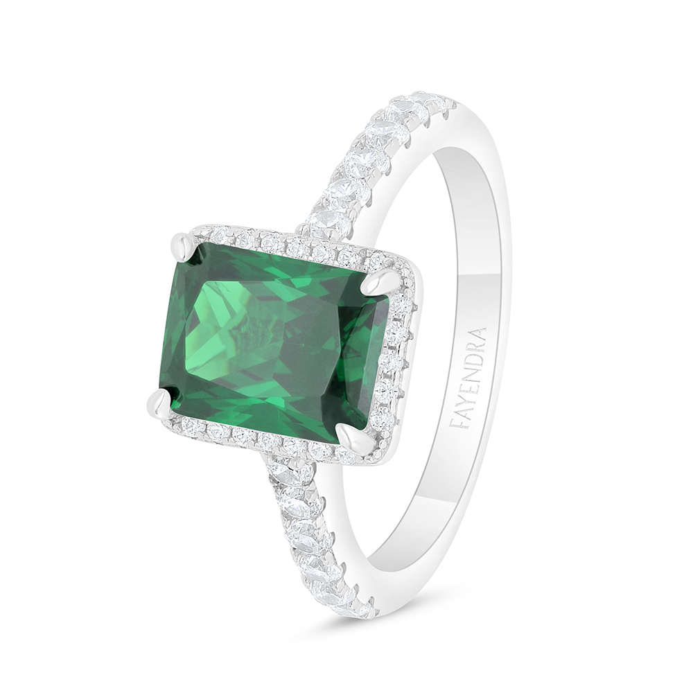 Sterling Silver 925 Ring Rhodium Plated Embedded With Emerald Zircon And White Zircon