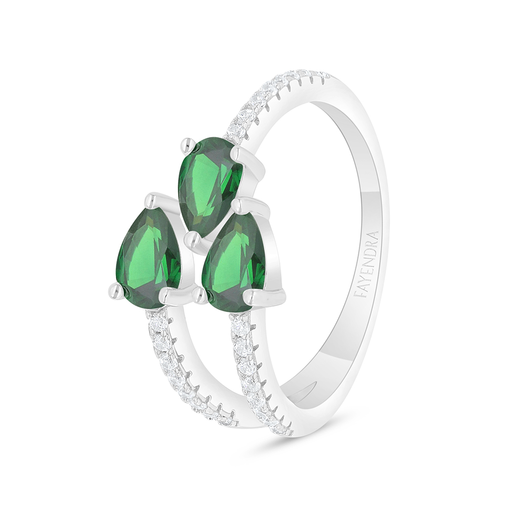 Sterling Silver 925 Ring Rhodium Plated Embedded With Emerald Zircon And White Zircon